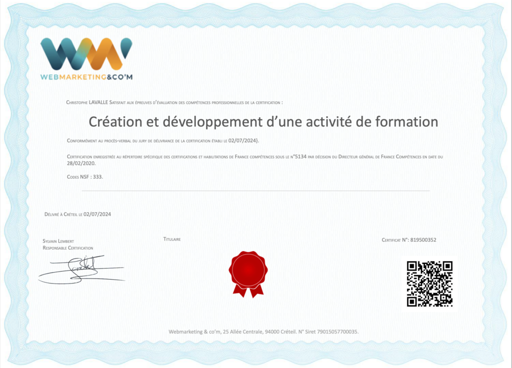 Certification Christophe Lavalle formation